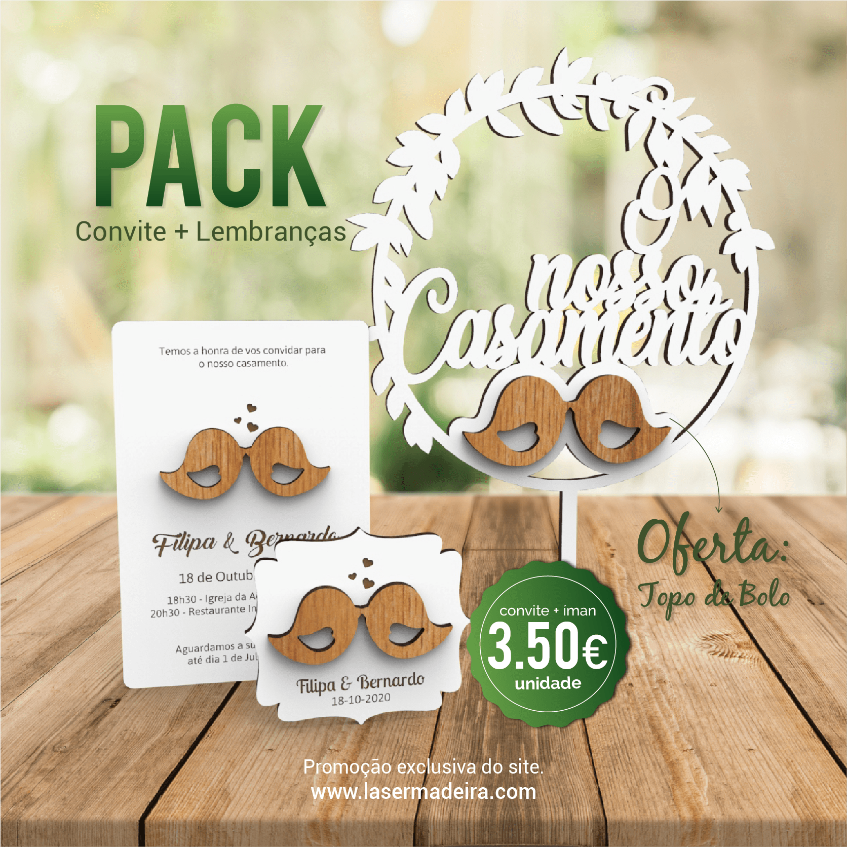 Convite Casamento e Lembrança íman com aplique Pássaros - PACK - Laser Madeira